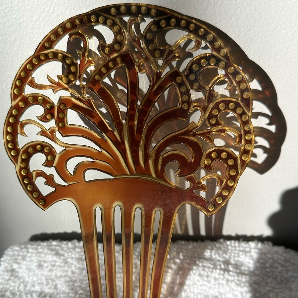 Antique Tortoise Shell Blue Rhinestone Hair Combs - Picture 5 of 13